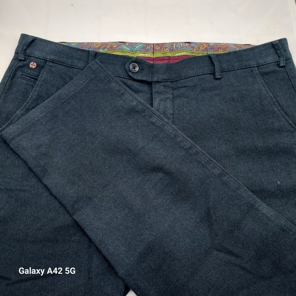 Meyer Bonn Mens‎ Dark Blue Organic Cotton Blend Dress Herringbone Trousers